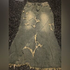 Distressed Denim Maxi Skirt